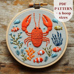 Lobster Hand Embroidery PDF Pattern, Ocean Embroidery Design, Sea Life Stitching Template, Summer Embroidery Printable, Digital Download