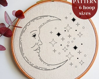 PDF-mönster för handbroderi med himmelskt motiv, broderidesign med halvmåne och stjärnor, mall för nybörjarbroderi, digital nedladdning