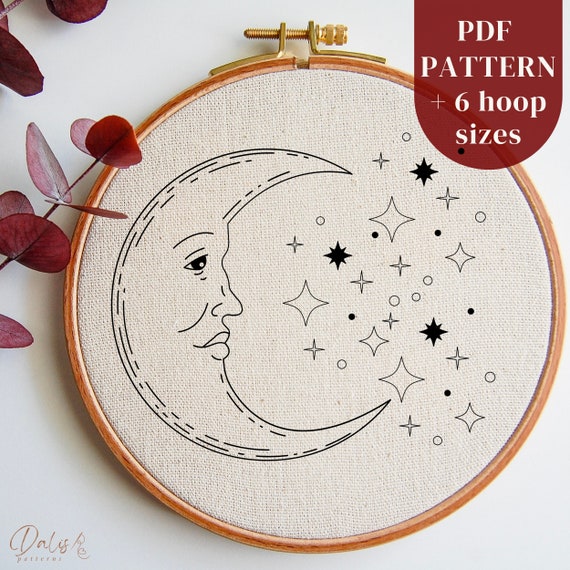 天体手刺繍 PDF パターン、三日月と星の刺繍デザイン、初心者向け DIY