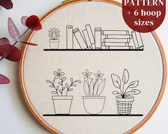 DIY Hand Embroidery PDF Pattern Design: Books and House Plants, Botanical Beginner Needlepoint Pattern for DIY Hoop Art, Instant Download