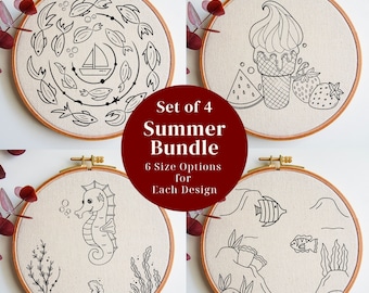 Summer Embroidery PDF Pattern Bundle, DIY Hand Embroidery Design Mini Collection, Ocean Life Stitching Patterns, Digital Embroidery Download