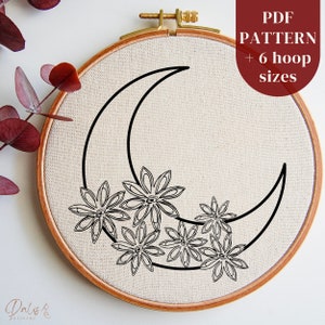 Celestial Hand Embroidery PDF Pattern with Flower Crescent Moon Design, Modern Needlepoint PDF Design File for Hoop Art, Instant Download