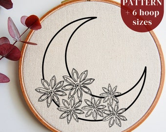 花と三日月刺繍パターン：初心者向けDIY線画（PDFデジタルダウンロード