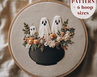 Diseño de bordado a mano de Halloween, patrón de bordado de caldero de fantasmas y brujas, plantilla de bordado de Halloween, manualidad DIY, descarga digital