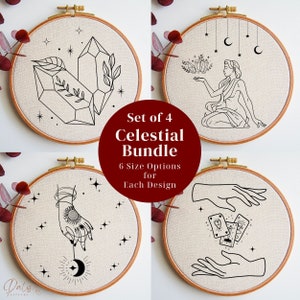 Witchy and Celestial Embroidery Designs Bundle: Crystals, Tarot Cards, Moon and Stars, DIY Hand Embroidery PDF Pattern Bundle for Beginners