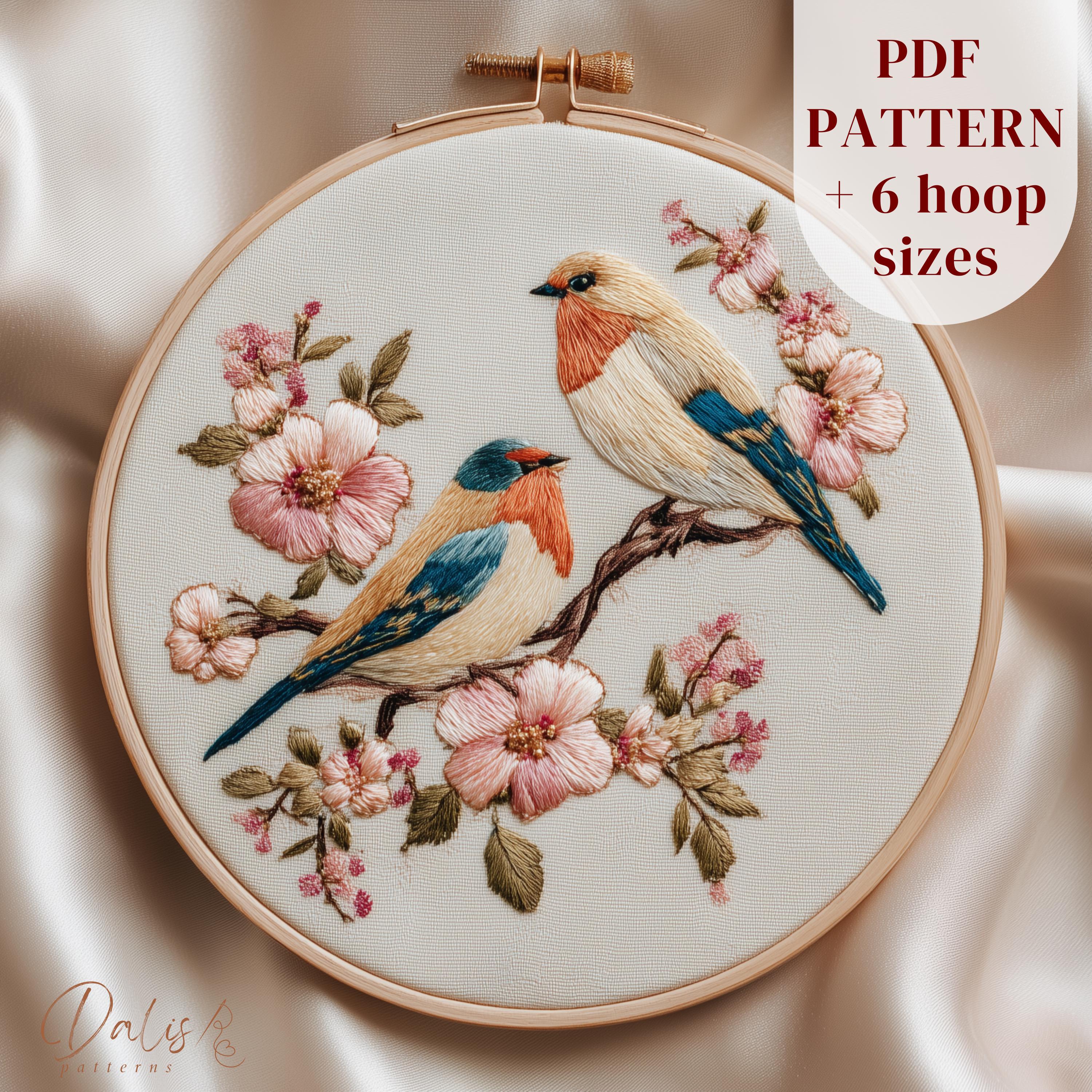 Robin Embroidery Pattern Forest Hand Embroidery Design: Robin Birds and Cherry Blossom Flowers ...