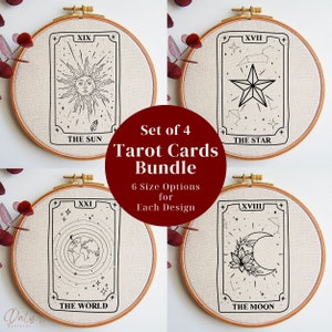 Tarot Karten Stickdateien PDF Muster Bundle: Sonne, Mond, Stern und Welt, Witchy Embroidery Design Set, Psychic DIY Hoop Art Anfänger