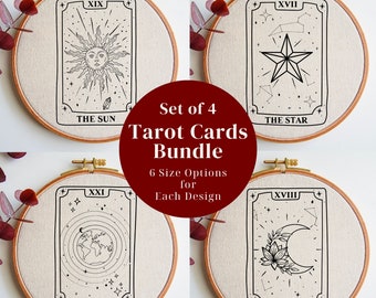 Tarot Cards Embroidery PDF Patterns Bundle: the Sun, Moon, Star and World, Witchy Embroidery Design Set, Psychic DIY Hoop Art Beginners