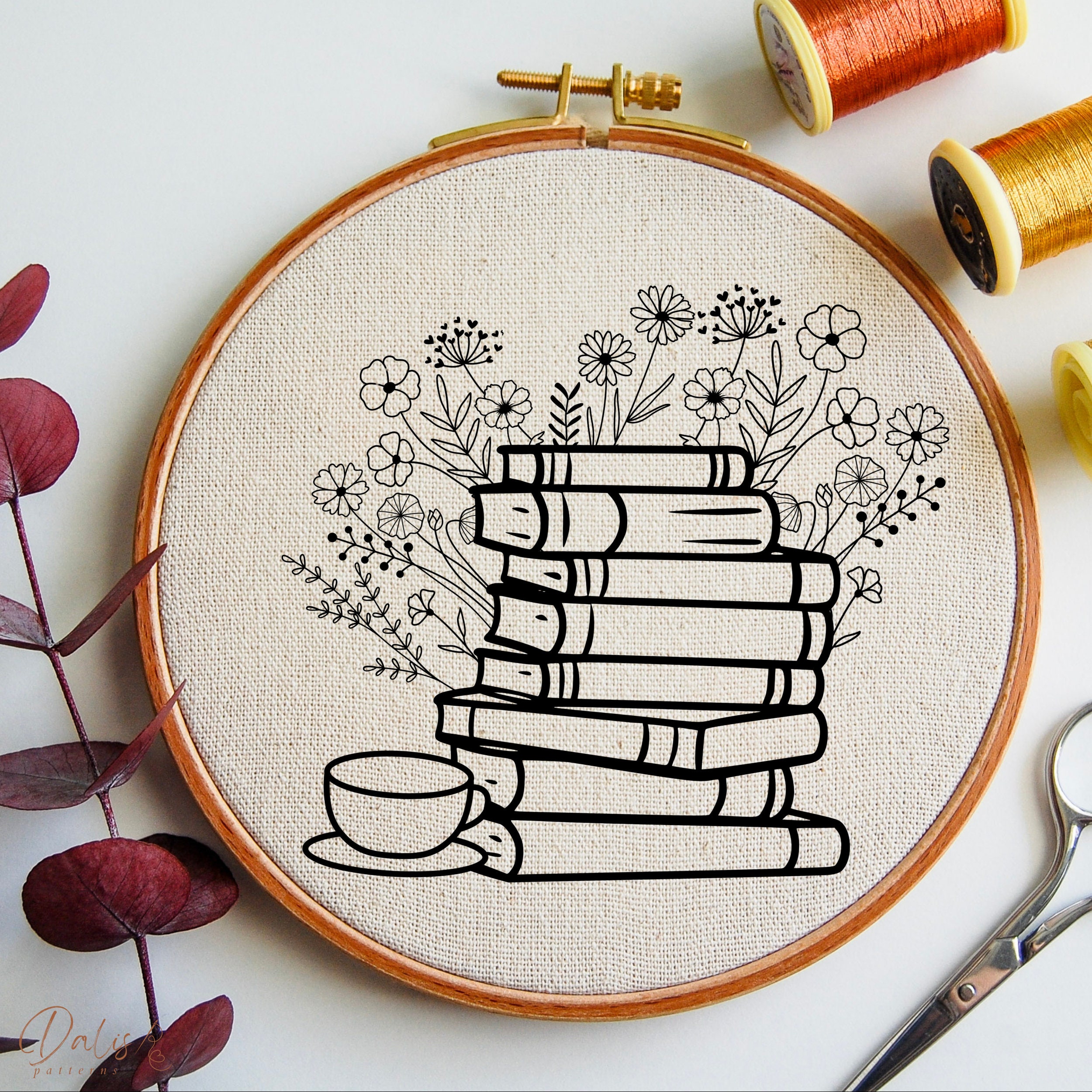 Floral Bookish Hand Embroidery Design for DIY Hoop Art Beginners ...