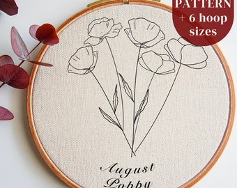 Poppy Hand Embroidery PDF Pattern, August Birth Month Flower, Botanical Needlepoint Design File for Hoop Art Beginners, Instant Download