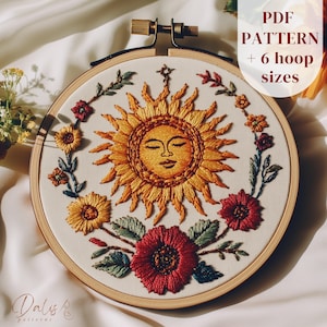 Vibrant Sun Embroidery Pattern, Celestial Hand Embroidery Design, Flowers Sun Stitching Pattern, DIY Embroidery Template, Digital Download