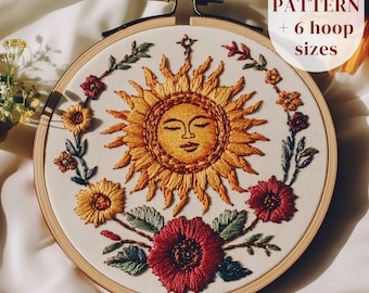 Vibrant Sun Embroidery Pattern, Celestial Hand Embroidery Design, Flowers Sun Stitching Pattern, DIY Embroidery Template, Digital Download