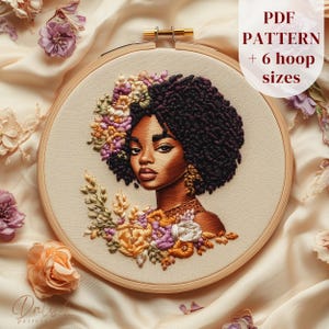 African Woman Hand Embroidery Design, Beautiful Afro Girl Embroidery PDF Pattern, Floral Black Woman Stitching Template, Digital Download