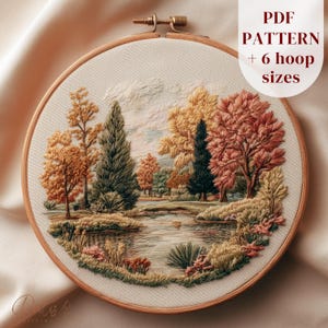 Autumn Lake Landscape Embroidery Pattern, Fall Forest Scene Hoop Art PDF, DMC Colors
