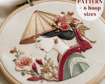 Printable Hand Embroidery Design, Asian Woman with Conical Hat, Japanese Embroidery PDF Pattern, DIY Embroidery Craft Template