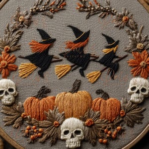May include: Embroidered Halloween hoop art featuring three witches on broomsticks, pumpkins, skulls, and floral accents in orange, black, and tan. The artwork is set against a gray background, creating a festive and seasonal decoration.