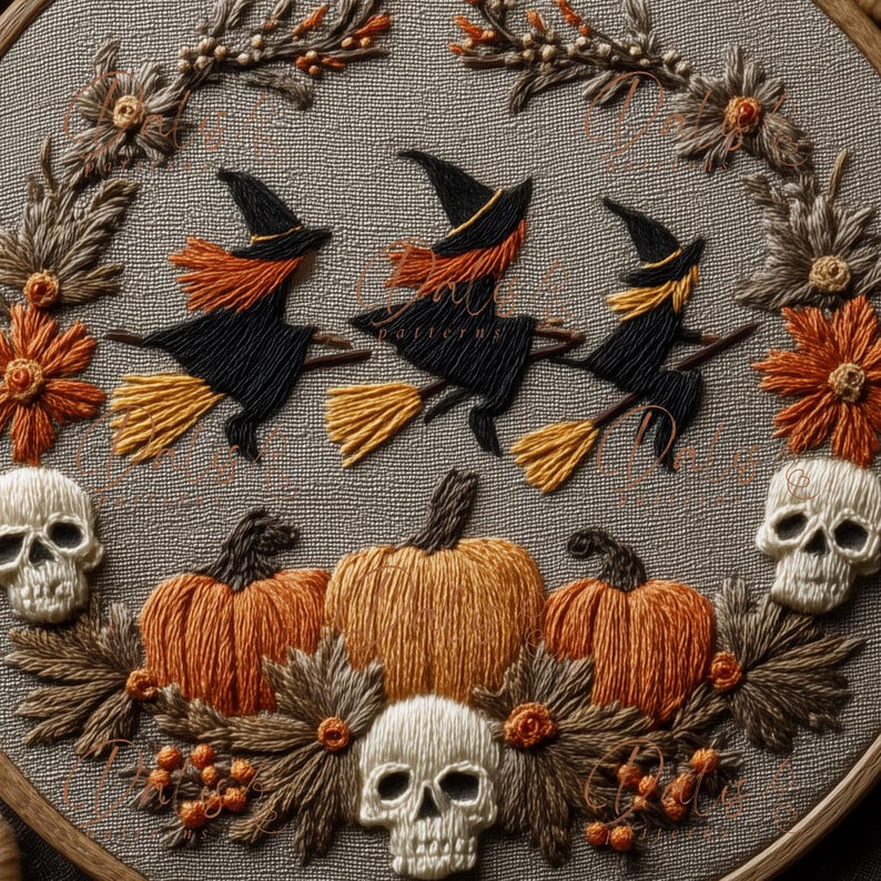 May include: Embroidered Halloween hoop art featuring three witches on broomsticks, pumpkins, skulls, and floral accents in orange, black, and tan. The artwork is set against a gray background, creating a festive and seasonal decoration.