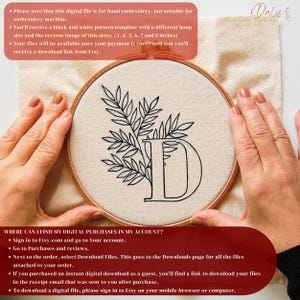May include: An embroidery hoop with a floral and letter "D" design. The design is in black on a white fabric. The hoop is held by hands. Text on the image includes instructions for digital file downloads and Etsy purchase information.