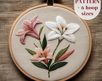 ハンドメイド 刺繍 百合の花 ユリの花の刺繍デザイン、ユリの手刺繍パターン、植物刺繍プロジェクト
