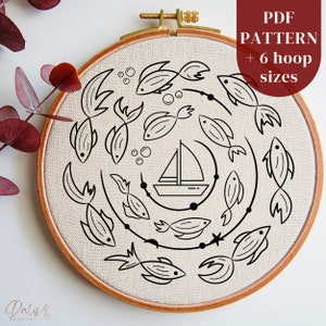 Summer Embroidery PDF Pattern, Sea Life, Fish and Sailing Boat Design for DIY Hoop Art, Beginners Hand Stitching Pattern, Digital Download