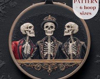 Gothic Skeletons Embroidery Pattern, Halloween Hand Embroidery Design, Creepy Skeletons Thread Painting Pattern, DIY Embroidery PDF Template