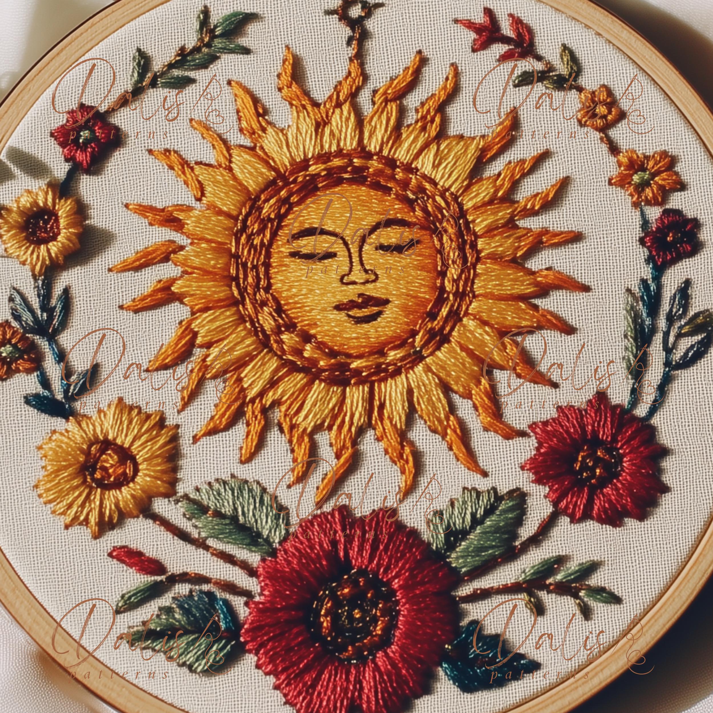 Embroidered Sun Pattern Vibrant Sun Embroidery Pattern, Celestial Hand Embroidery Design ...