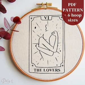 Pdf-patroonbestand met handborduurwerk voor koppels: the Lovers Tarot Card, romantische doe-het-zelf hoepelkunst borduurontwerp, lijntekeningen borduurpatroon