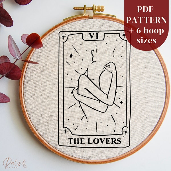 Couple Hand Embroidery PDF Pattern File: the Lovers Tarot Card, Romantic DIY Hoop Art Embroidery Design, Line Art Needlepoint Pattern