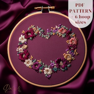 Flower Wreath Hand Embroidery Pattern, Heart Shaped Wreath Embroidery Design, Wedding Stitching Template, DIY Wedding Gift, Digital Download