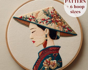 Asian Woman Hand Embroidery Design, Japanese Embroidery PDF Pattern, Asian Lady with Conical Hat, Vietnamese Embroidery Template, DIY Craft