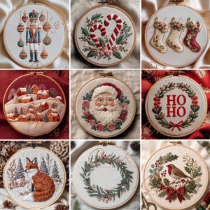 May include: A collection of nine circular embroidery hoops featuring various holiday designs including a nutcracker, candy canes, Christmas stockings, a snowy village, Santa Claus, a wreath with the text HO HO, a fox, a pine wreath, and a robin.