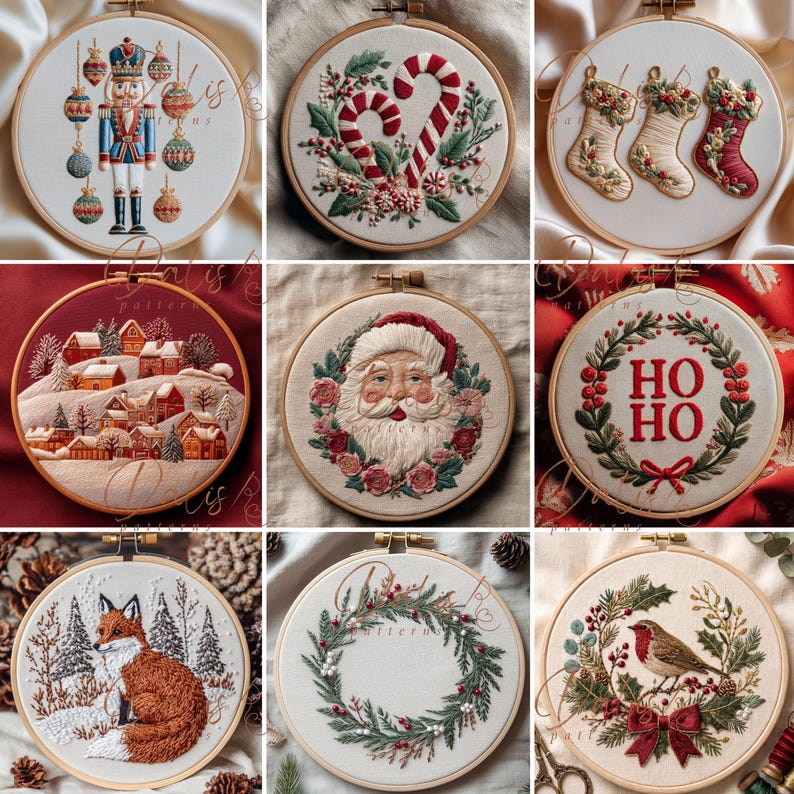 May include: A collection of nine circular embroidery hoops featuring various holiday designs including a nutcracker, candy canes, Christmas stockings, a snowy village, Santa Claus, a wreath with the text HO HO, a fox, a pine wreath, and a robin.