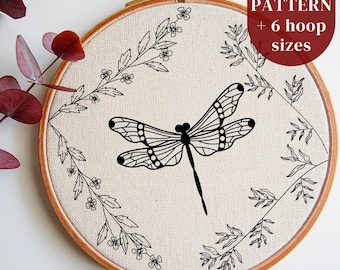 Floral Dragonfly Embroidery PDF Pattern Download, Insect Hand Stitching Design, Nature DIY Embroidery Hoop Art Printable, Cottagecore Decor