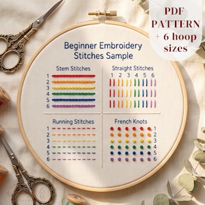 Puede incluir: Un bastidor de bordado de madera con una muestra de tela blanca con el texto Beginner Embroidery Stitches Sample. Muestra puntos de tallo, rectos, hilvanes y nudos franceses en colores arcoíris, acompañados de tijeras de estilo vintage.