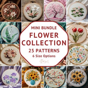 Puede incluir: Una colección de patrones florales bordados en aros de madera. La imagen muestra varios diseños florales, incluyendo magnolias, lirios, flores de cerezo y girasoles. El texto dice "Mini Bundle Flower Collection, 25 Patterns, 6 Size Options."