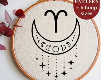 Aries Symbol Hand Embroidery Design, Astrology Embroidery DIY Hoop Art Template, Digital PDF Pattern, Beginner Needlework, Zodiac Sign Gift
