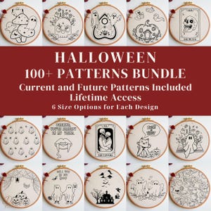 May include: A selection of Halloween embroidery patterns in wooden hoops. Designs feature ghosts, skulls, pumpkins, and tarot card illustrations. Text reads "HALLOWEEN 100+ PATTERNS BUNDLE".