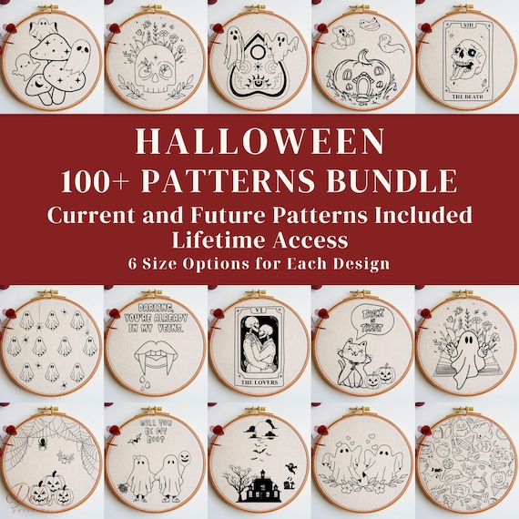 Halloween Embroidery PDF Pattern Bundle: Ghosts, Skulls, Witches, Spiders, Pumpkins, Skeletons, Hand Stitching, Digital Needlepoint Designs
