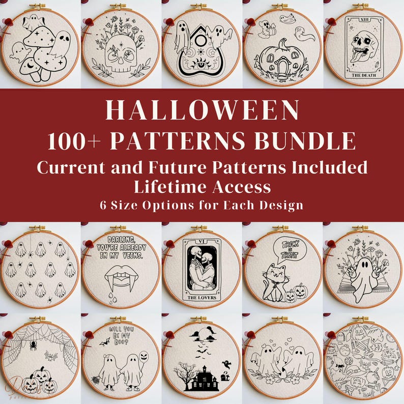 May include: A selection of Halloween embroidery patterns in wooden hoops. Designs feature ghosts, skulls, pumpkins, and tarot card illustrations. Text reads "HALLOWEEN 100+ PATTERNS BUNDLE".