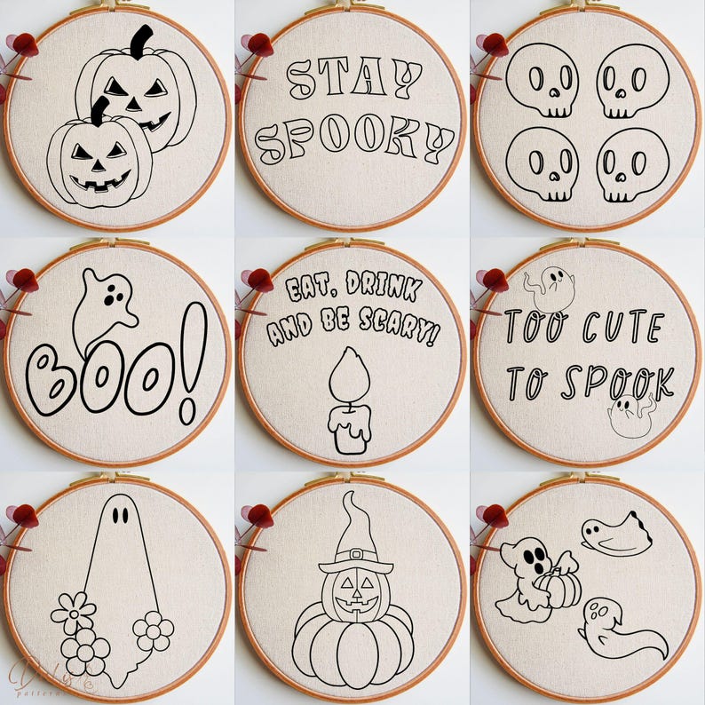 K&ouml;nnte beinhalten: Neun Stickrahmen-Designs mit Halloween-Motiven. Die Designs beinhalten K&uuml;rbisse, Geister und Texte wie "Stay Spooky", "Boo!" und "Too Cute to Spook".