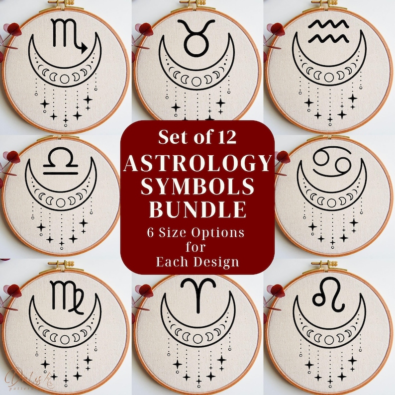 Zodiac Signs Embroidery Pattern Bundle, Astrology Symbols Hand ...