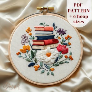 Flower Books Hand Embroidery Pattern, Bookish Embroidery Design, Floral Book Stack Embroidery Template, Modern DIY Embroidery Craft Template