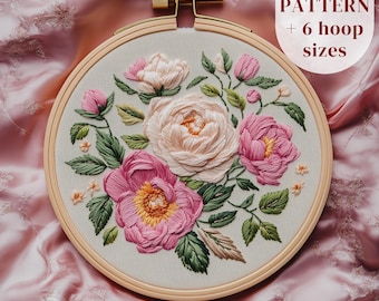 Peonies Hand Embroidery Pattern, Peony Flowers Embroidery Design, Bouquet Embroidery Template, Peony Stitching PDF Pattern, Digital Download