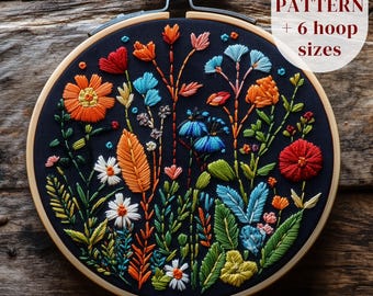 Motif de broderie à la main fleurs sauvages, motif de broderie prairie de fleurs, motif de couture floral, broderie PDF imprimable, broderie bricolage