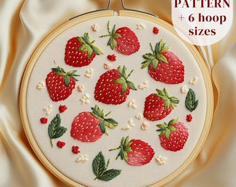 Patrón de bordado a mano de fresas, diseño de bordado de frutas de verano, patrón de costura a mano de fresas, plantilla de bordado DIY para principiantes