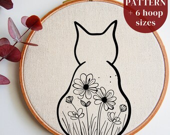 Plantilla de patrón de bordado de gato floral, lindo diseño de aro de bordado a mano de gato, principiantes en costura a mano, regalo hecho a mano para amantes de los animales