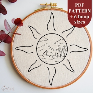 Sun Hand Embroidery PDF Pattern, Adventure Mountain and Lake Hoop Art Design, Needlepainting Pattern for Beginner, Cottagecore Embroidery