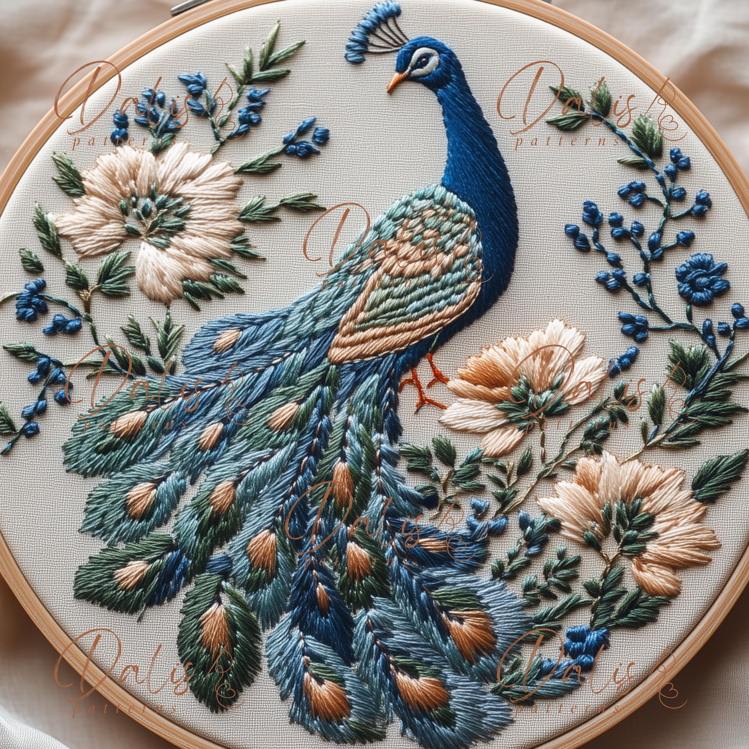 孔雀の手刺繍デザイン、動物刺繍PDFパターン、鳥のステッチ