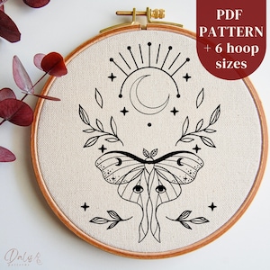 Celestial Luna Moth Embroidery Design, Whimsical Hand Embroidery PDF Pattern, Beginner Hand Stitching Template, Fantasy Embroidery Printable