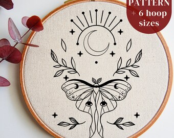 Celestial Luna Moth Embroidery Design, Whimsical Hand Embroidery PDF Pattern, Beginner Hand Stitching Template, Fantasy Embroidery Printable